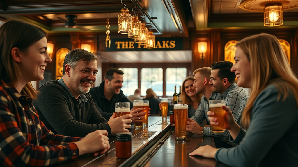 Group of friends ordering drinks at a classic London pub bar – ordering etiquette at london pubs guide