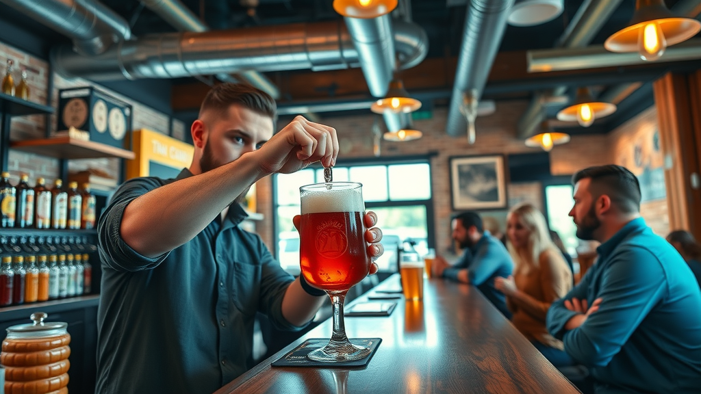 modern craft beer bar in London with bartender pouring cask ale, lively crowd and industrial decor – best pub innovation