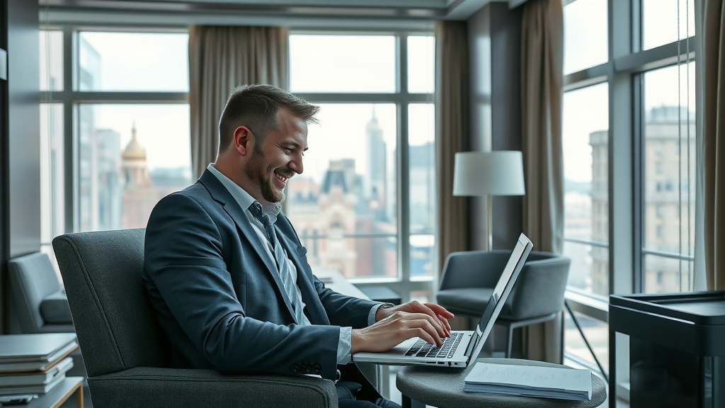 Executive suite in one of the best business hotels UK, business guest working on laptop, city centre view