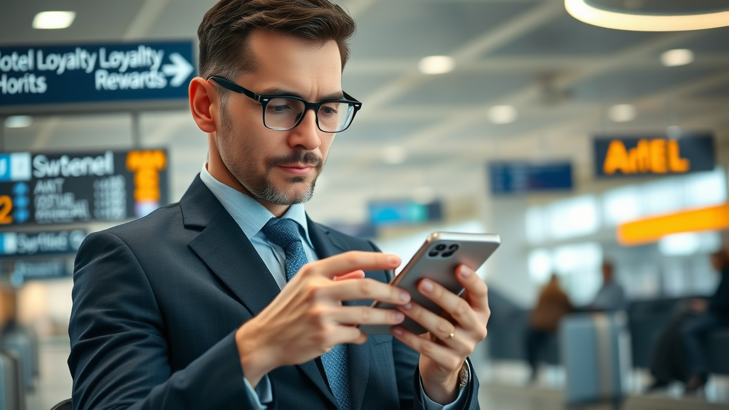 Business traveler booking the best business hotels UK on a phone, checking hotel loyalty rewards