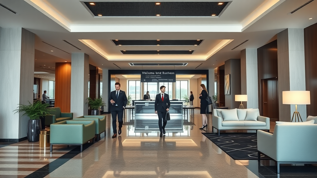 Sleek modern UK business hotel lobby with business travelers checking in, best business hotels UK