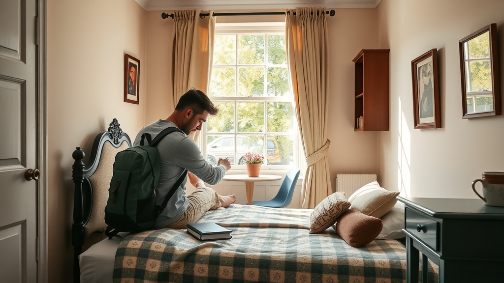 Inviting affordable London bed and breakfast room for solo traveller with antique bed and window view