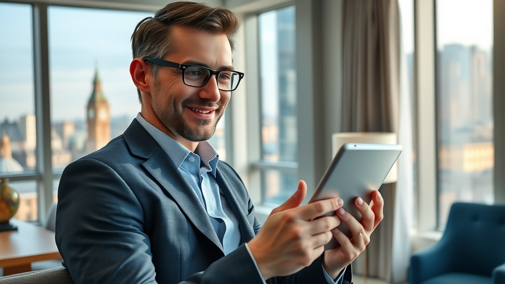 London business traveler in modern hotel suite, confident, prepping for meeting, city view, elegant workspace, morning sunlight