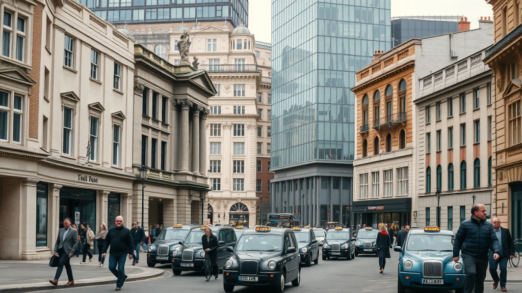 St James London business district historic streets, heritage buildings blend with modern offices, business professionals and classic London cabs at sunrise
