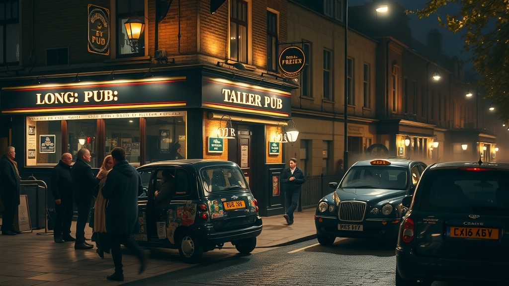 London pub exterior at night with black cabs ready and crowds heading home – london pubs late night safety