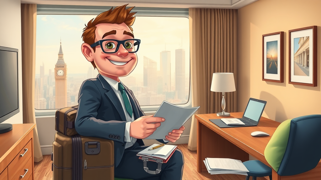 Business traveler in best UK business hotel room, planning itinerary, view of city skyline