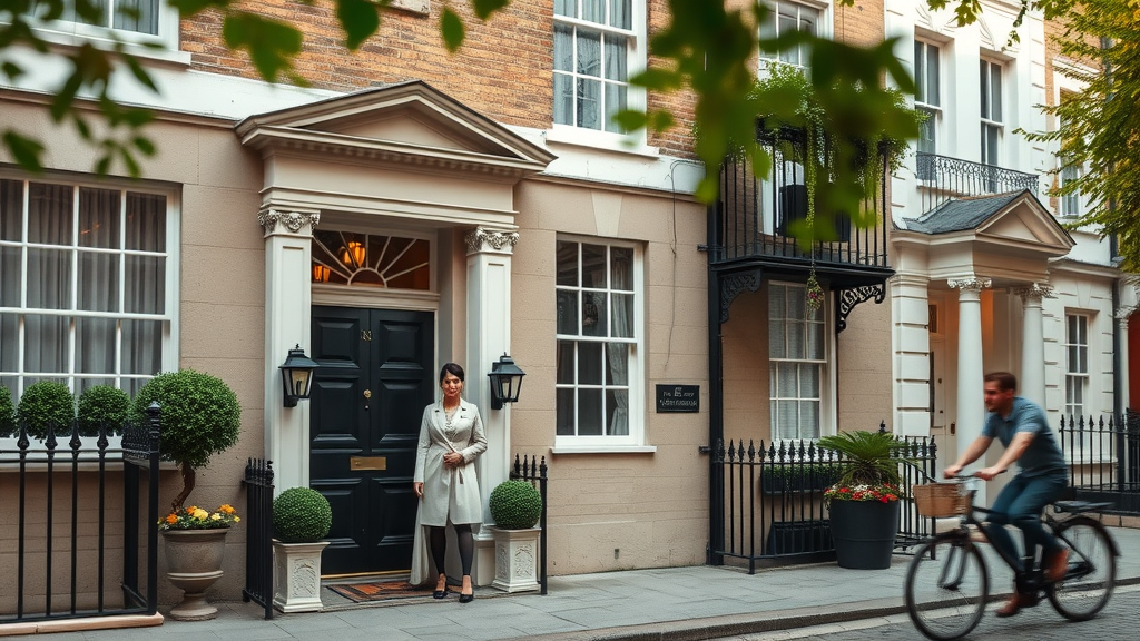 Charming historic London bed and breakfast townhouse with welcoming hosts and classic front door, picturesque street scene
