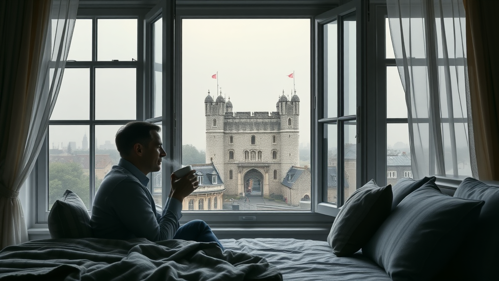 Tranquil London B&amp;B room with Tower of London window view, guest sipping coffee and medieval surroundings