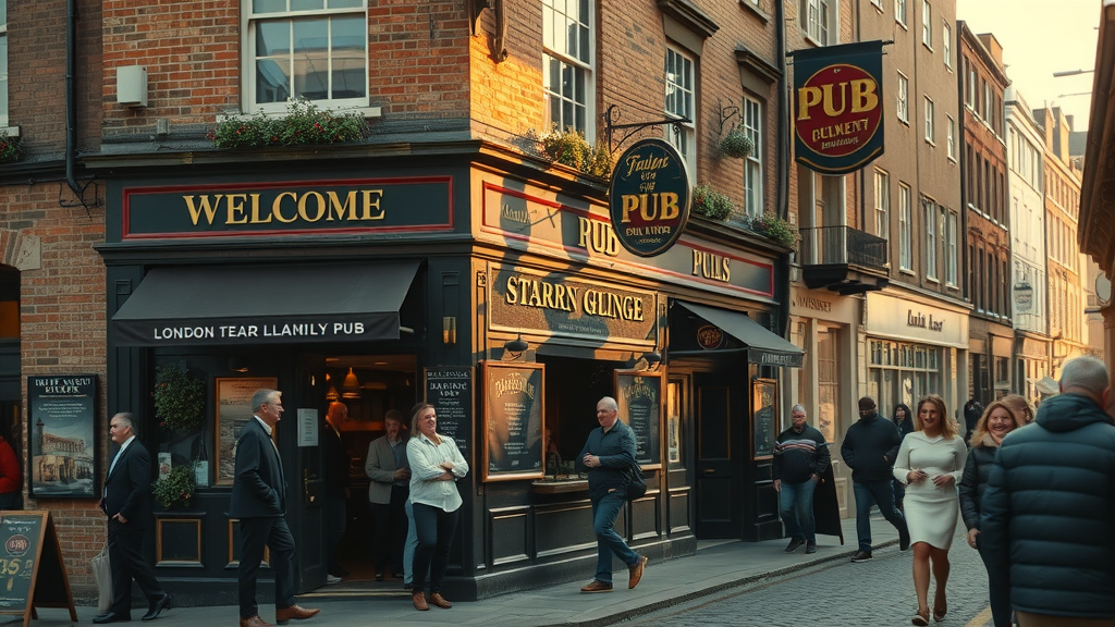 historic bustling London pub exterior featuring iconic brickwork, vintage pub signage, and lively patrons – pub guide london