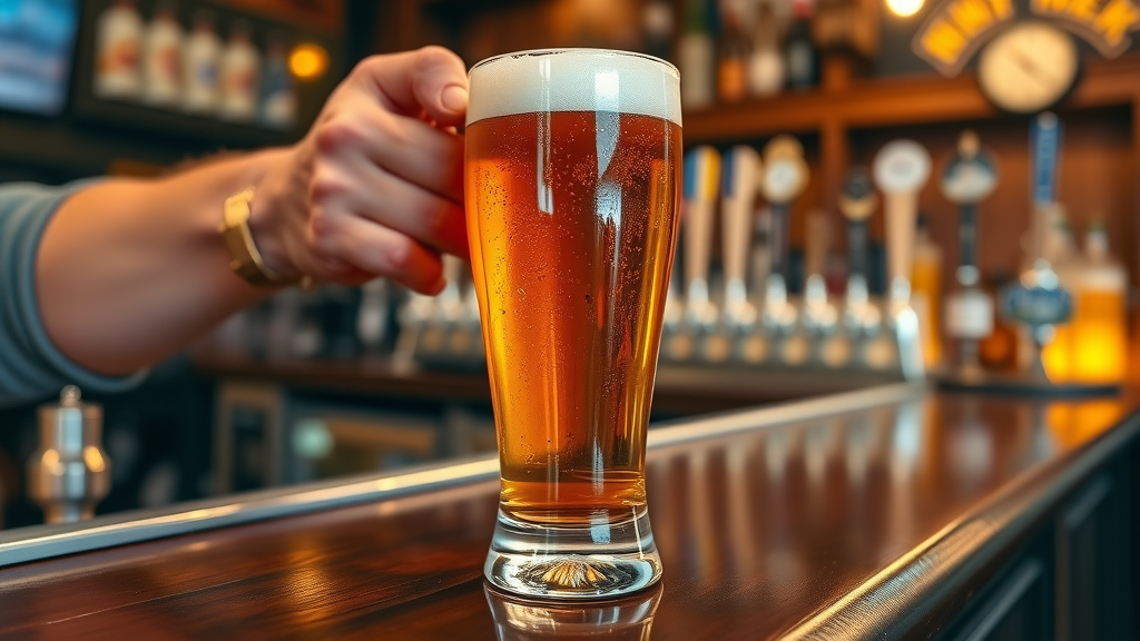 Bartender placing a freshly-poured pint of real ale on a wooden London pub bar – cask ale in london pubs