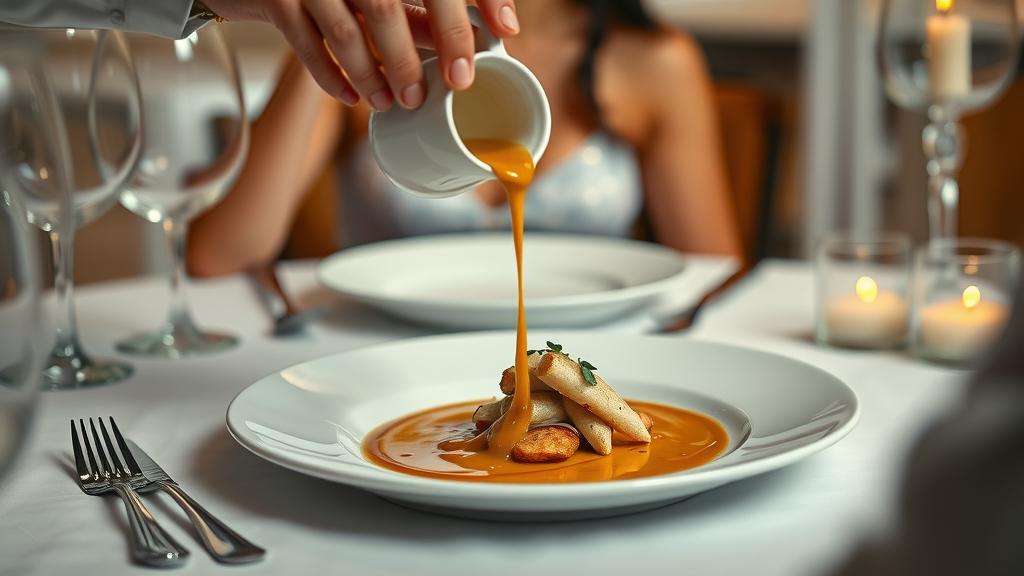 sophisticated French dish in best restaurants in the uk with sauce being poured
