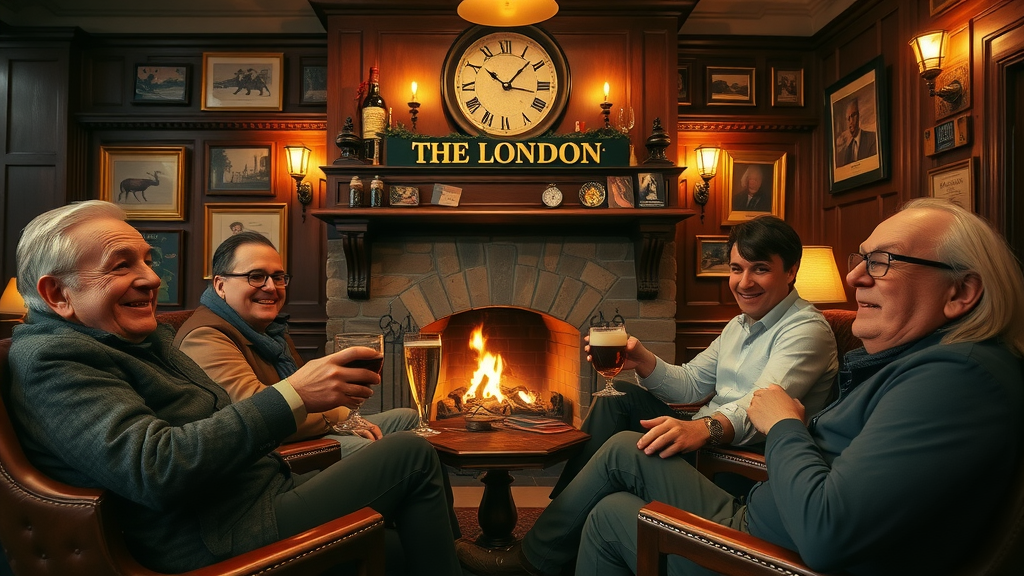 cozy traditional London pub interior with wood panel walls, a roaring fireplace, and locals enjoying real ale – london pubs atmosphere