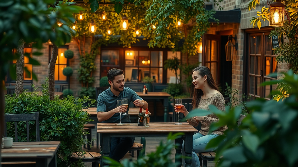 Secluded north London pub garden under fairy lights with rustic wooden tables – north London hidden gem pub guide