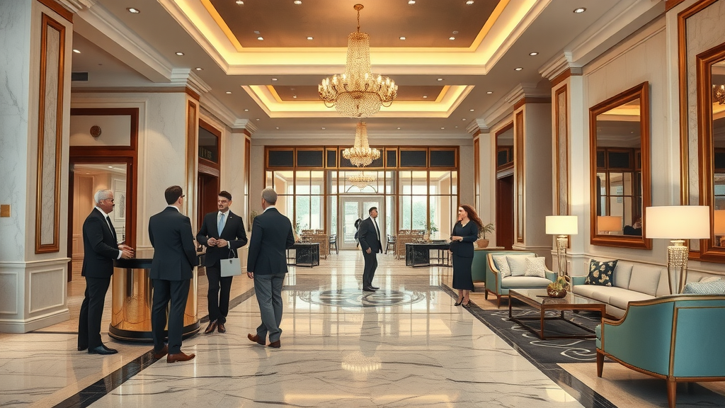 Sofitel London St James luxurious hotel lobby interior, warm atmosphere, business guests checking in, modern French-inspired decor, elegant reception, neutral tones