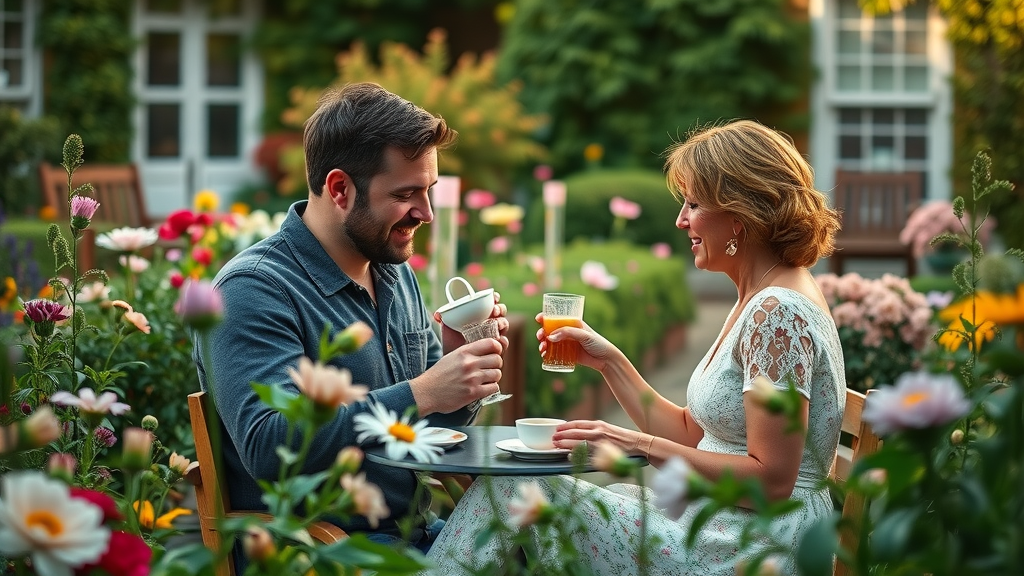 Lush secluded London garden B&amp;B with couple enjoying tea surrounded by greenery and distant city skyline