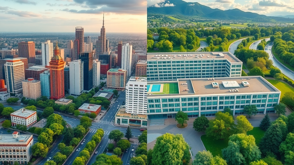 Split view of busy city centre vs peaceful suburban UK business hotel, city centre and suburban hotel comparison