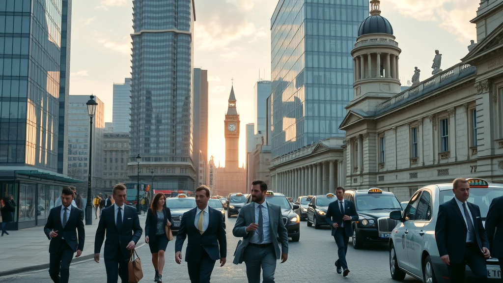 London business hotels cityscape at sunrise in St James, professionals commuting amid modern office towers and classic buildings, soft sunrise over London skyline