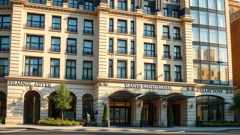 Grand London business hotel exterior fusing neoclassical stonework and contemporary glass, dramatic daylight
