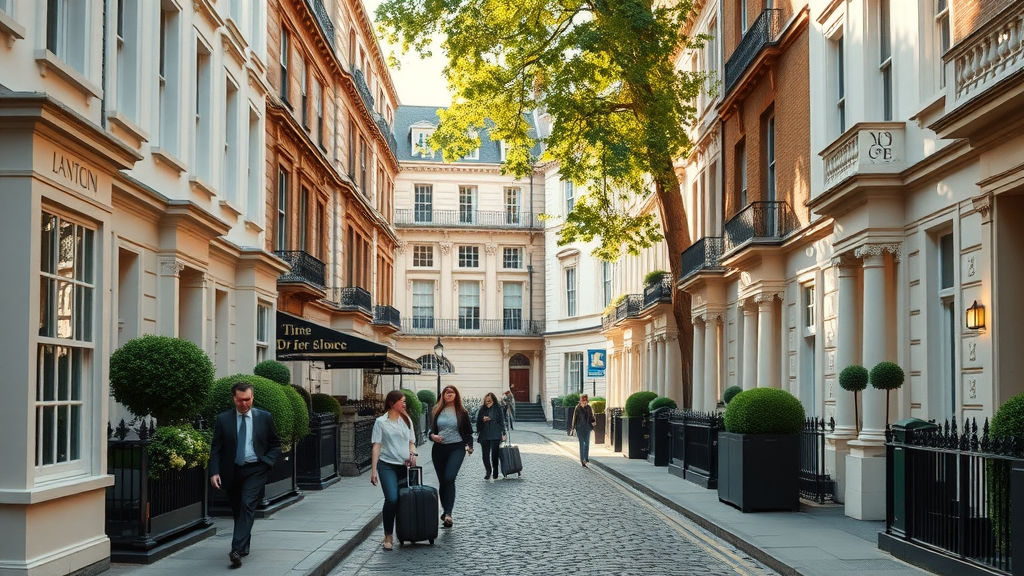 Charming London street lined with classic Victorian townhouses, featuring a welcoming atmosphere and morning sunlight ideal for london bed and breakfast hotels