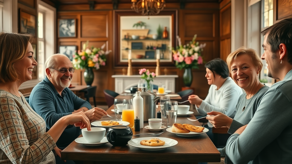 Inviting interior of a cozy London bed and breakfast dining room with guests enjoying breakfast in london hotels