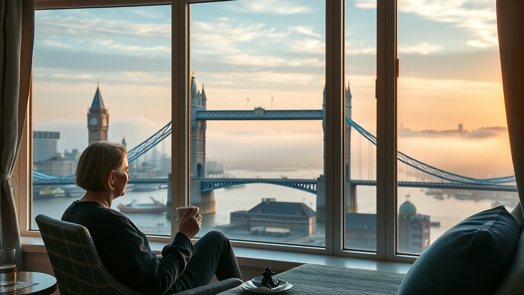 Stylish London bed and breakfast hotel room overlooking Tower Bridge, one of the best views available in london bed and breakfast hotels