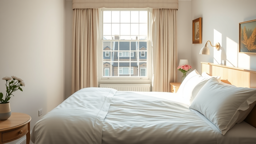 Bright guest room in a london bed and breakfast hotel with city skyline view